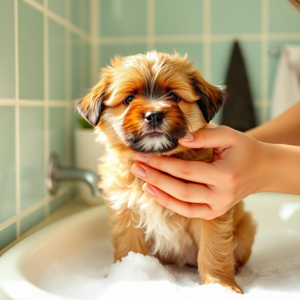 Puppy being gently bathed at home