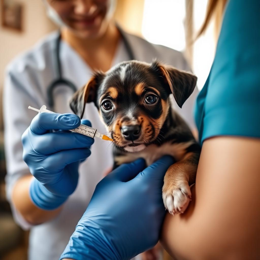 Vet gently vaccinating a puppy at home
